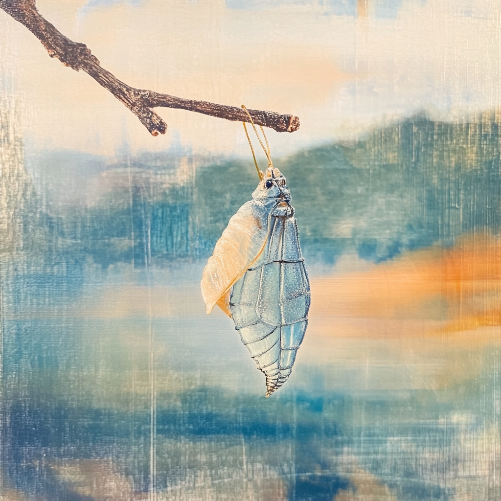 A delicate chrysalis in soft morning light