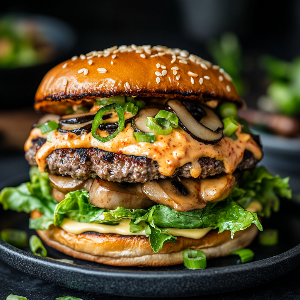 A delicious Korean burger with special toppings.