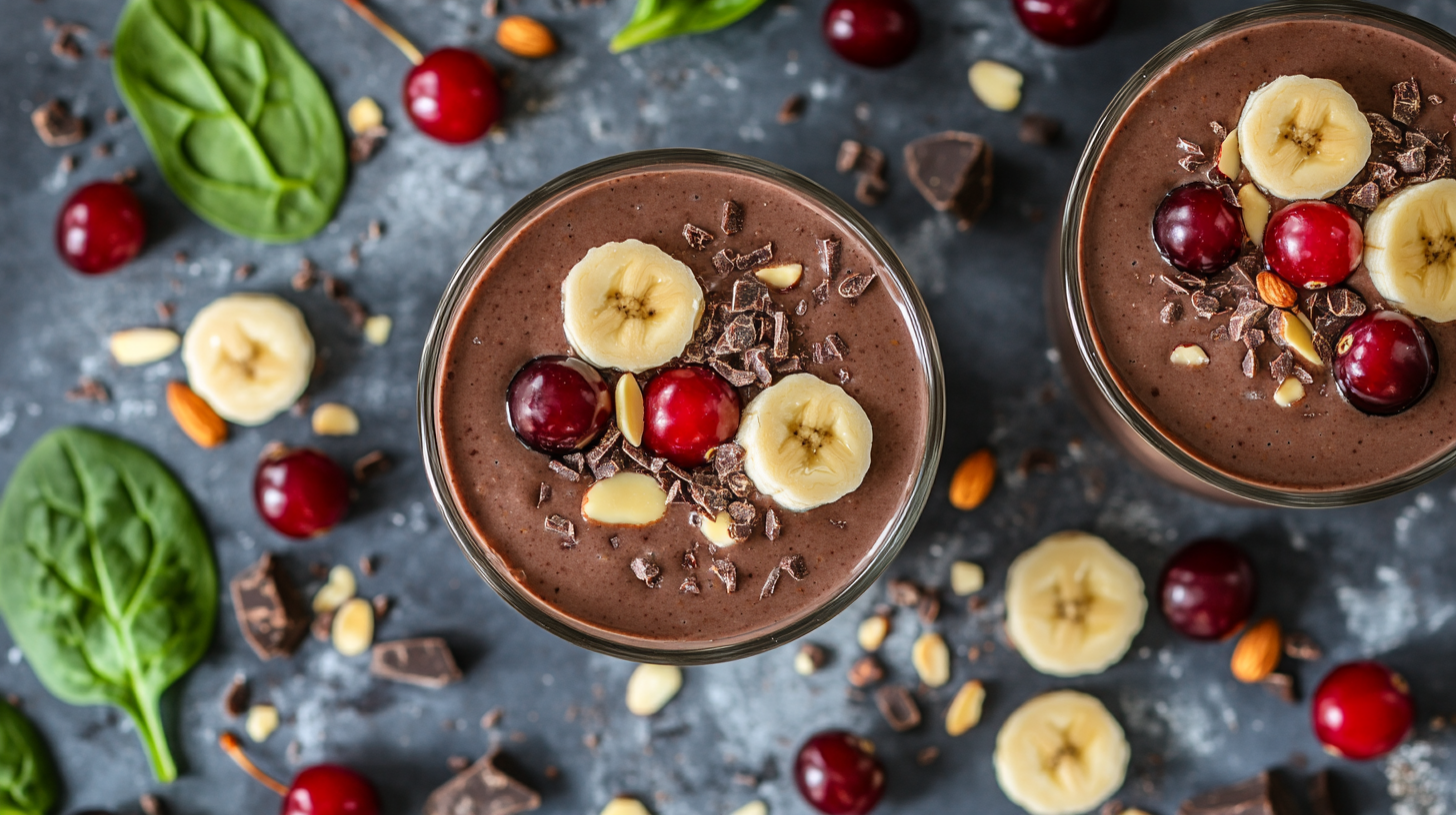 A delicious cherry-chocolate smoothie with fruity toppings