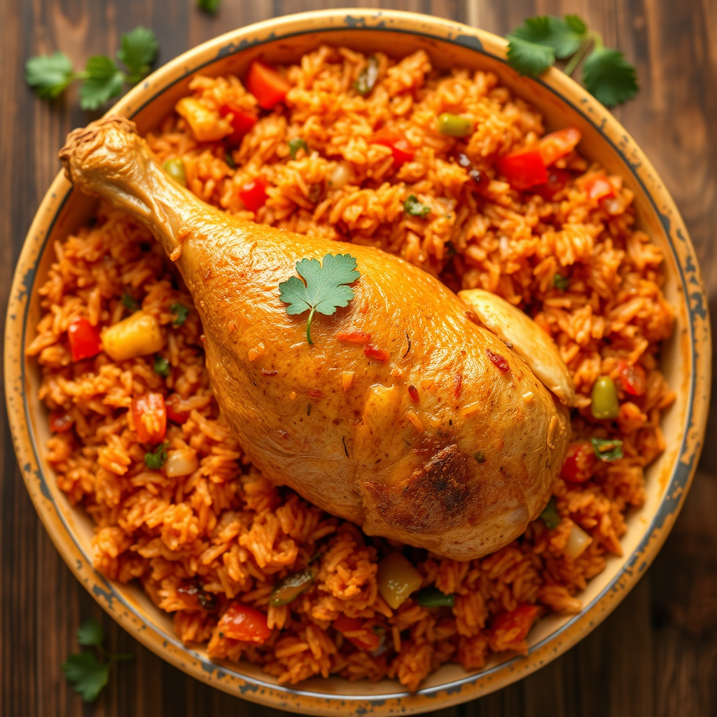 A delicious plate of jollof rice with chicken