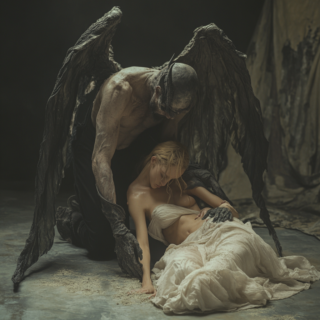 A demon holds a dying angel