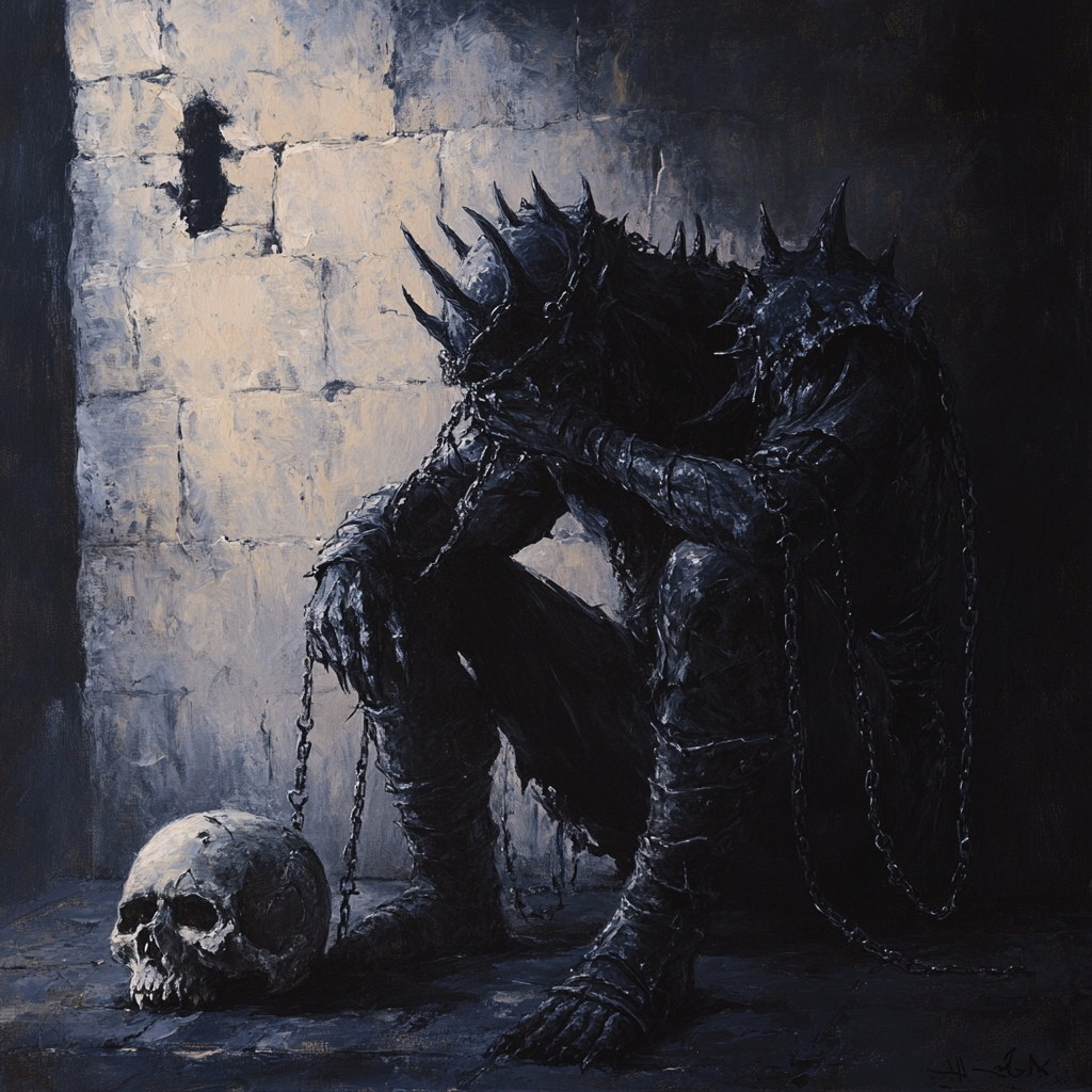 A demon in dark castle holding skull, chains.