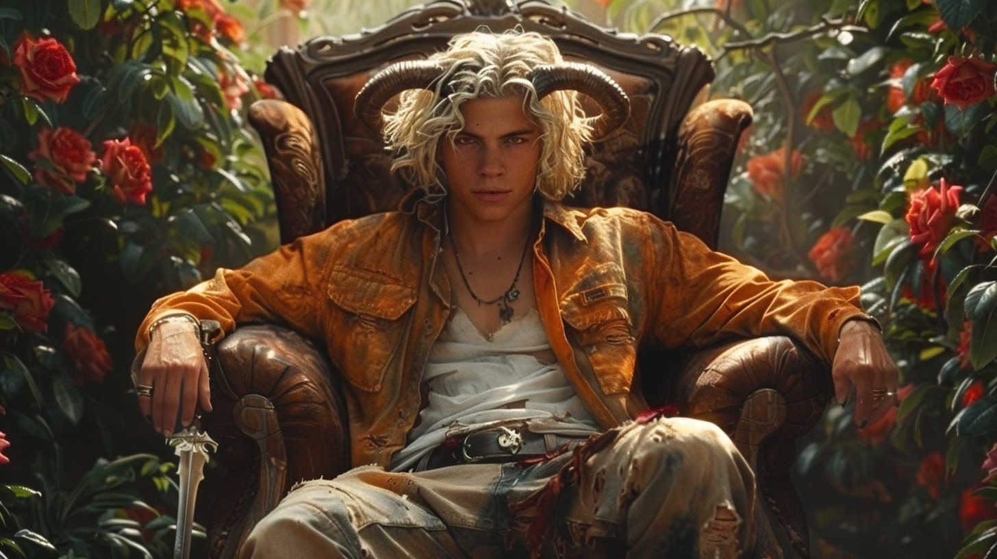 A demon with blond hair sits in chair