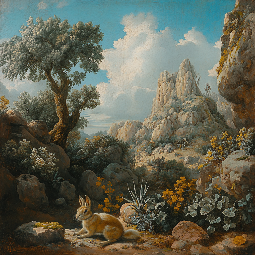 A desert hare in a classical desert painting.