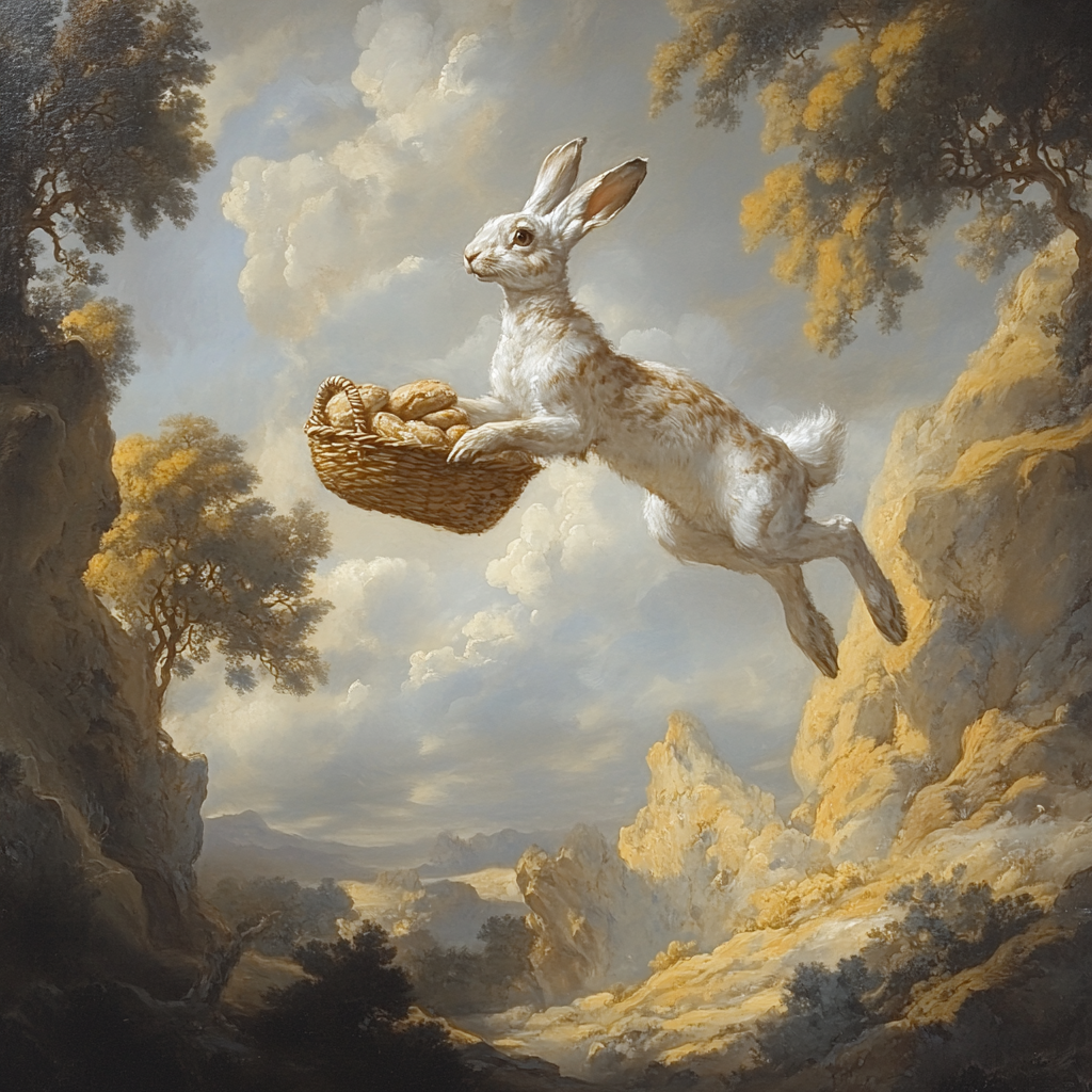 A desert hare jumps with a basket of bread