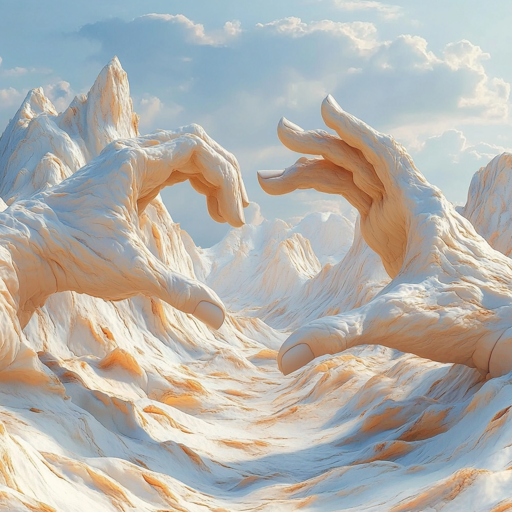 A desert with mountains made of gentle, loving hands