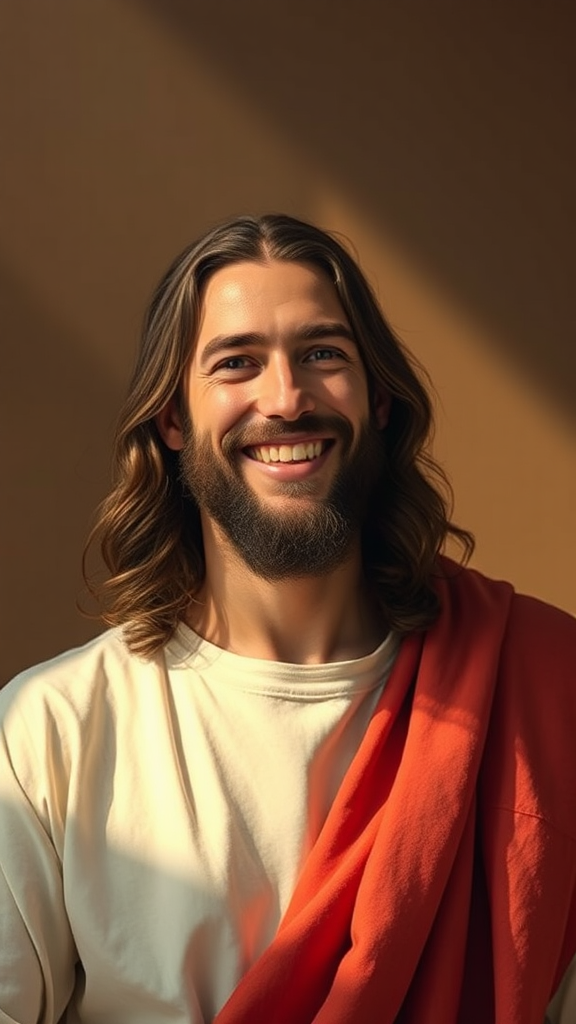 A detailed, joyful portrait of Jesus in soft lighting.