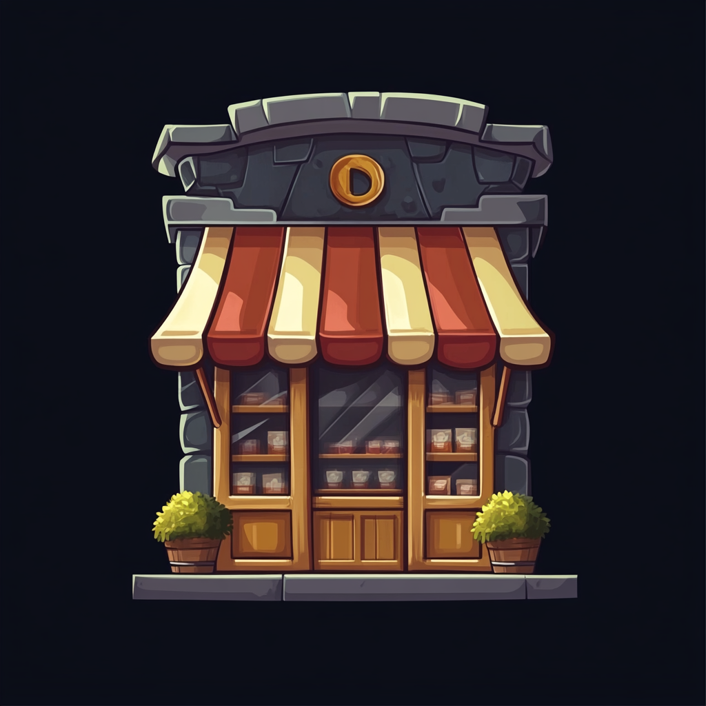 A detailed 2D game storefront on dark background.