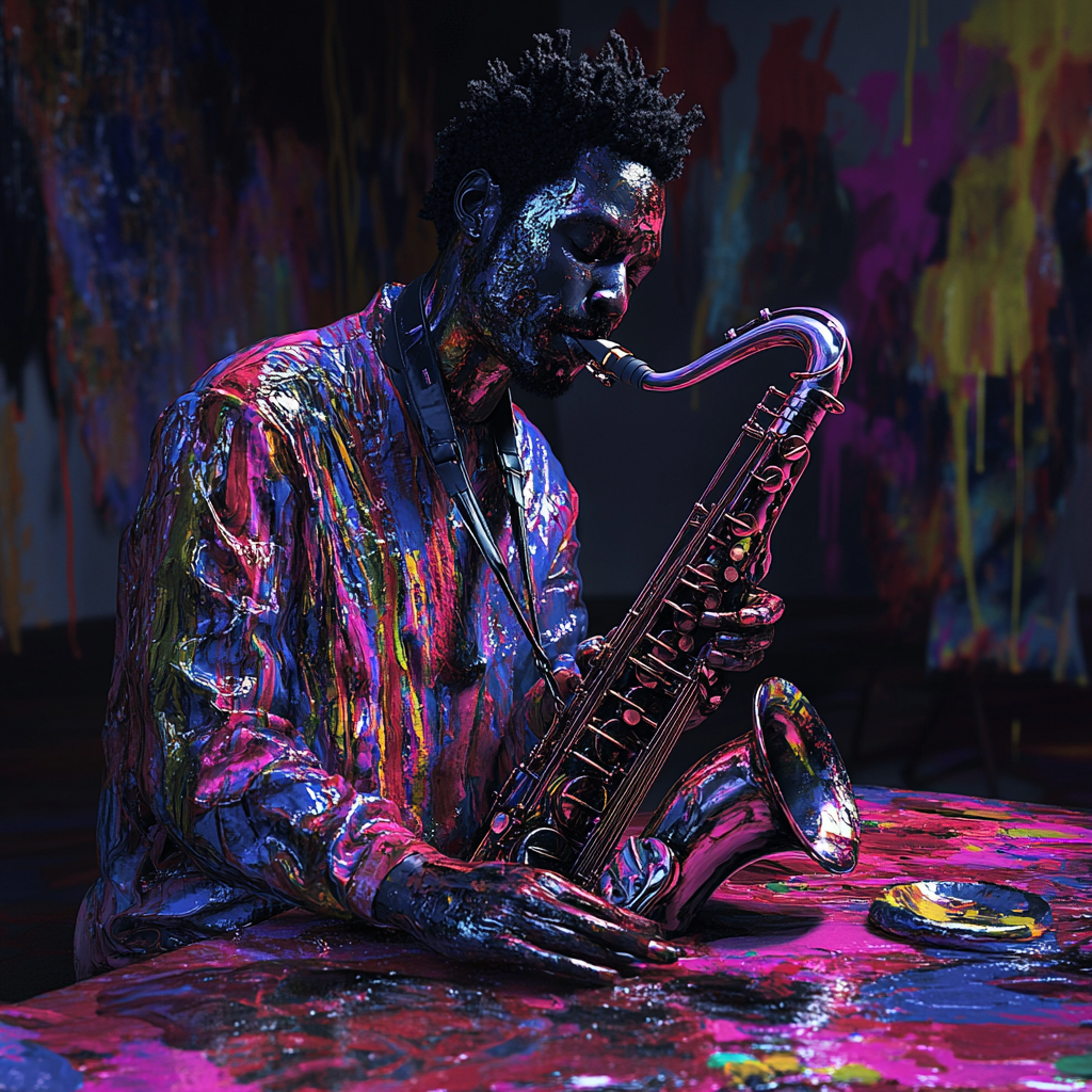 A detailed African man playing saxophone in abstract art.