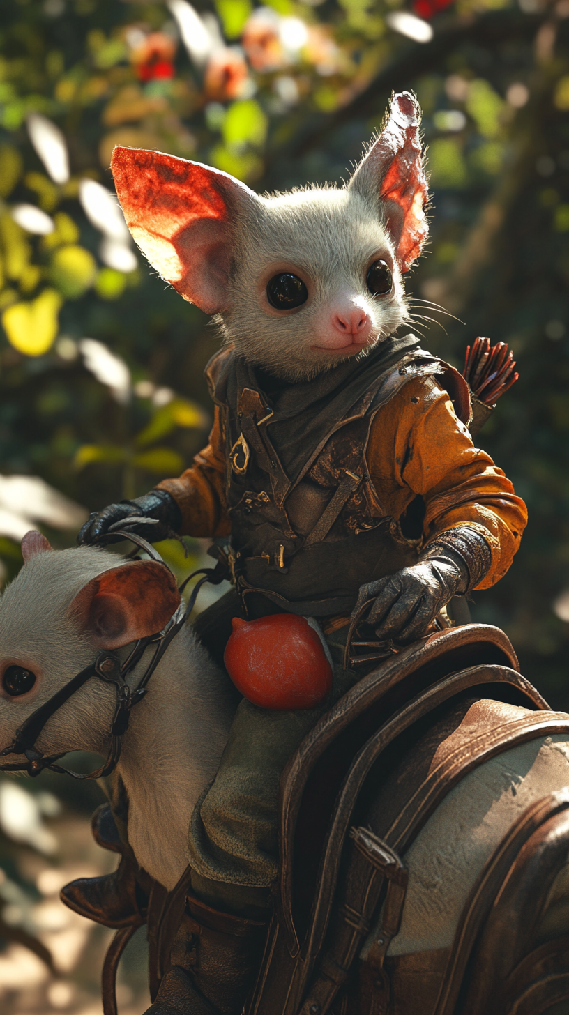 A detailed D&D character riding sugar glider.