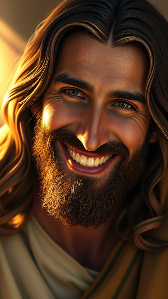 A detailed and joyful portrait of Jesus.