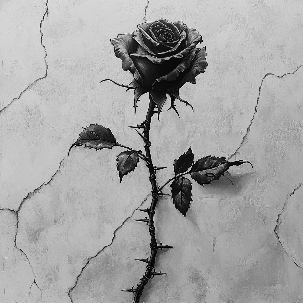 A detailed black and gray rose with Barbwire.