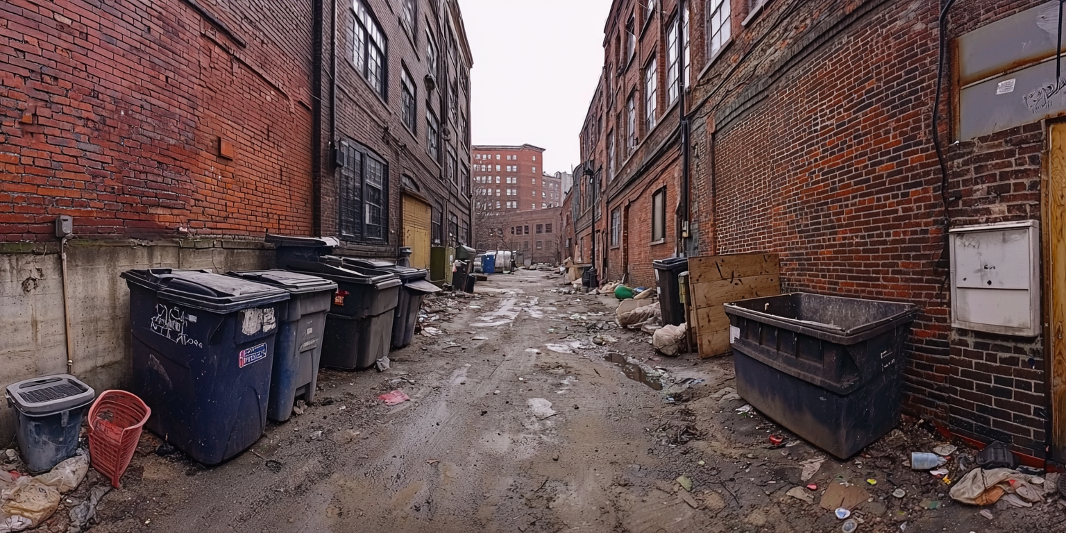 A detailed fisheye lens photo of dirty alleyway.