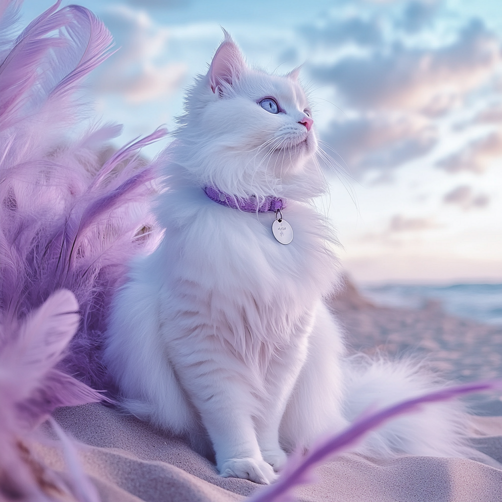 A detailed furry cat with purple feathers