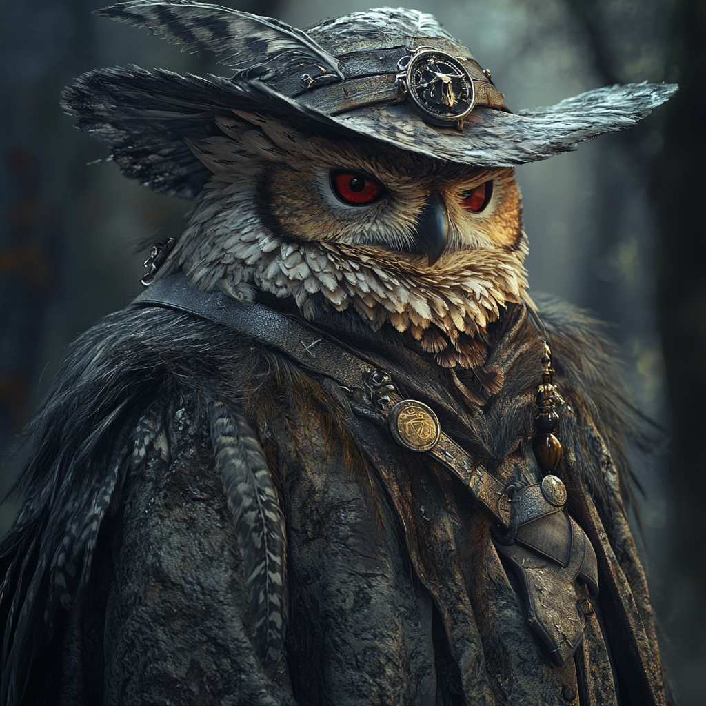 A detailed illustration of a steampunk owl witch