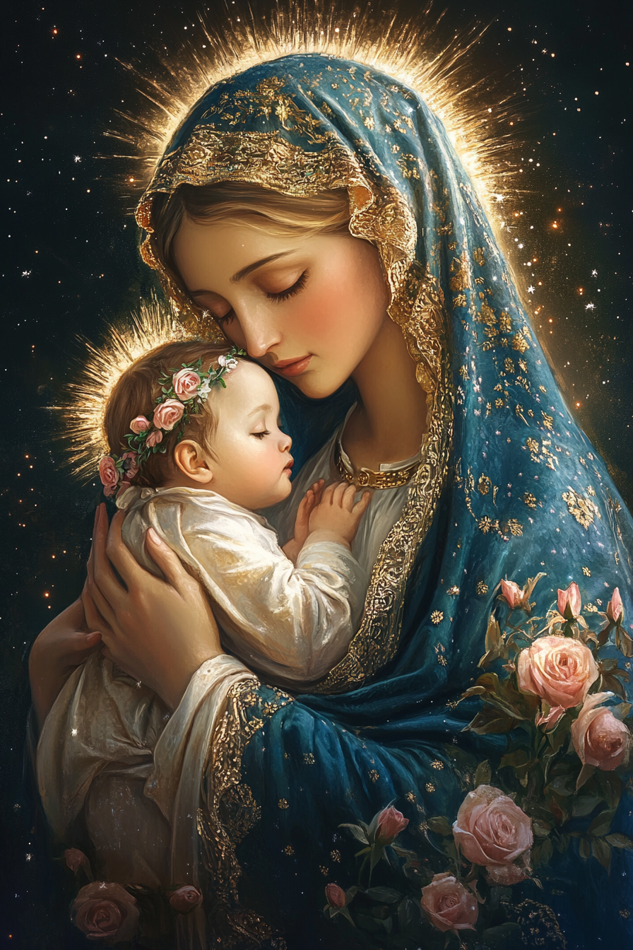 A detailed painting of Mary holding baby Jesus