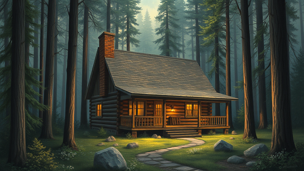 A detailed painting of a cabin in the woods.