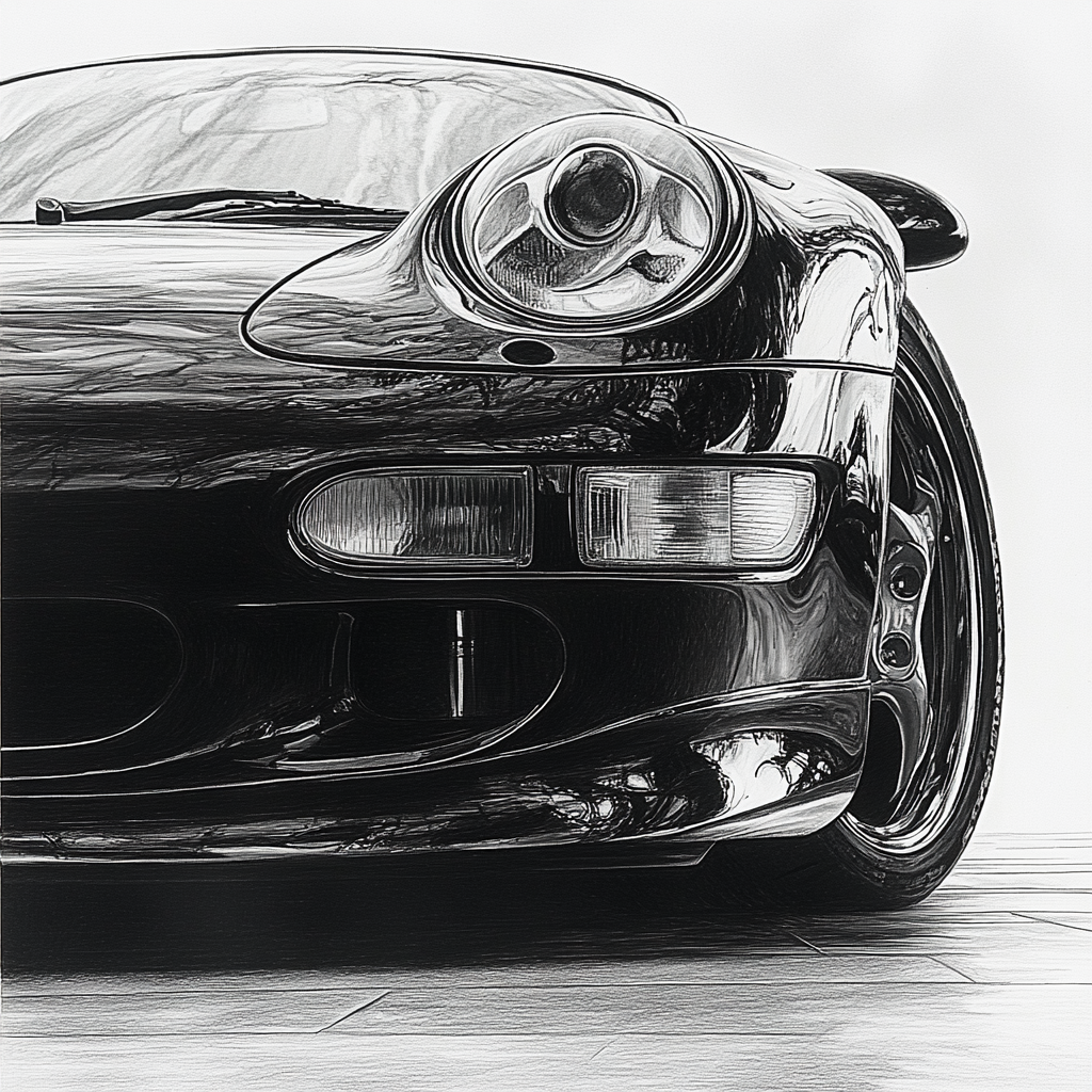 A detailed pencil drawing of a classic Porsche