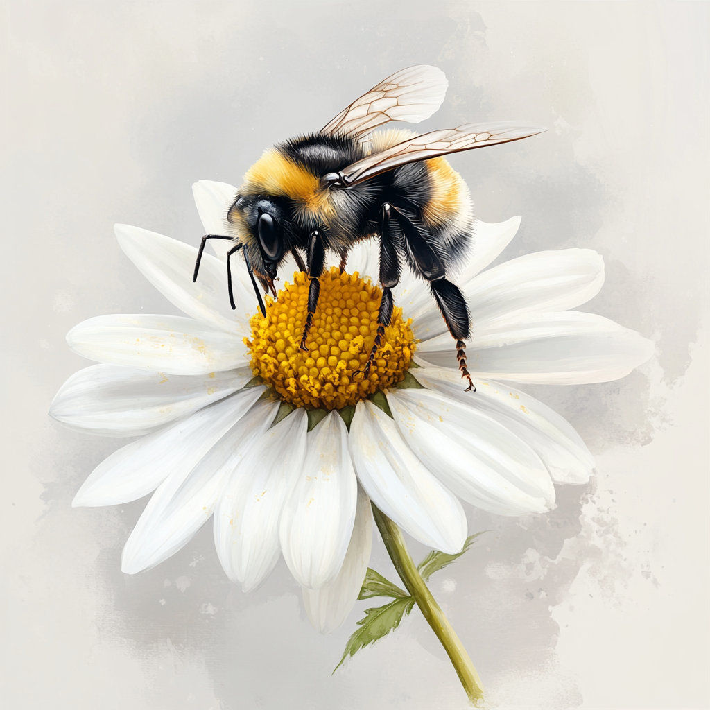 A detailed watercolor of a bumblebee on daisy