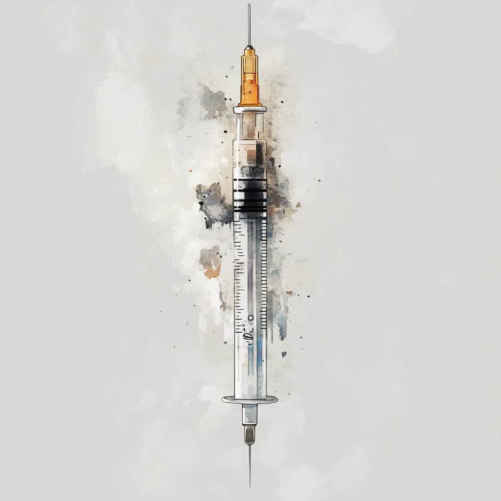 A detailed watercolor of syringe on gray background