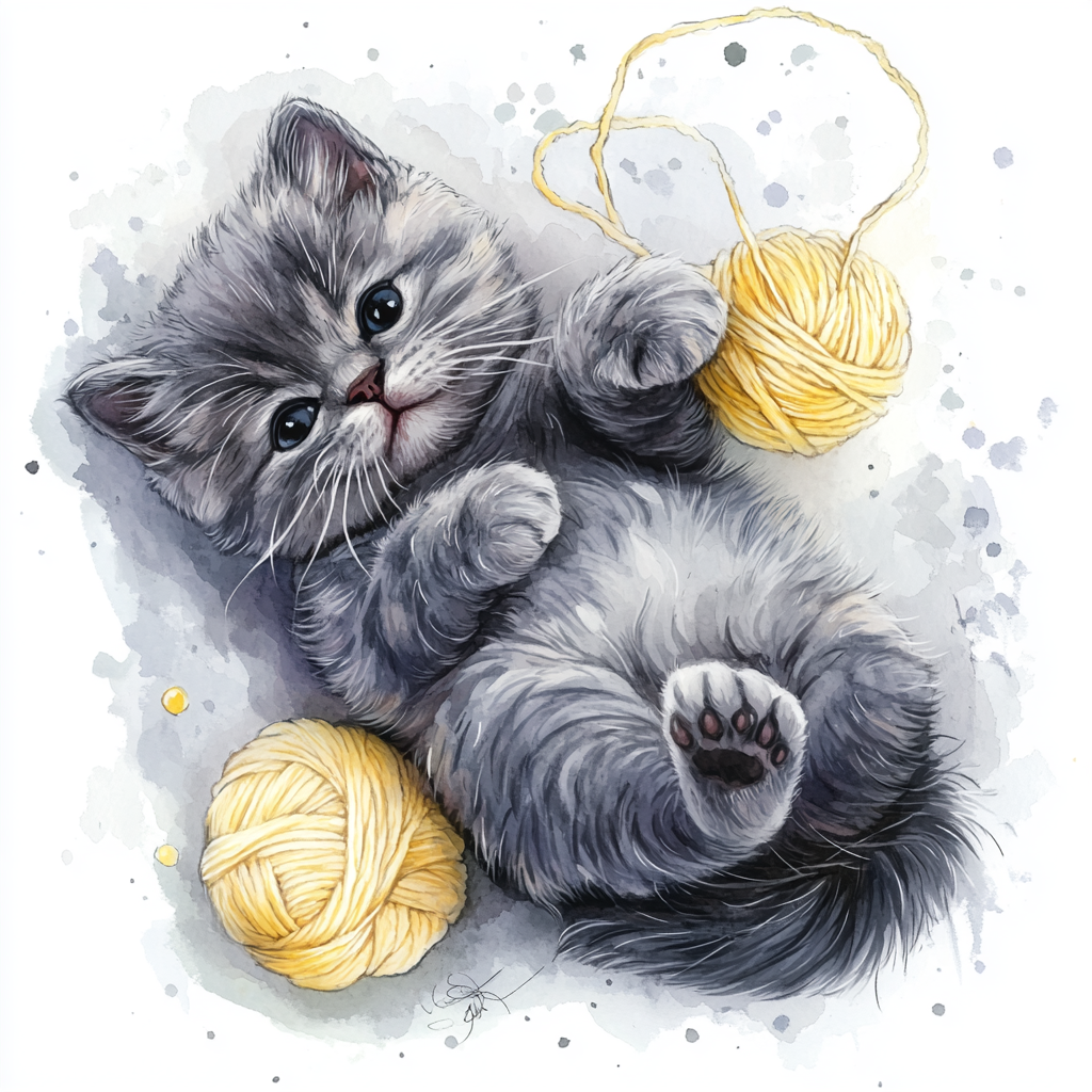 A detailed watercolor painting of a playful gray kitten.