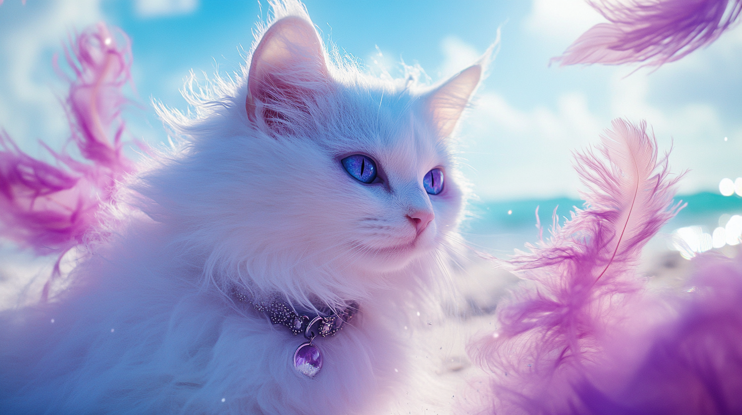 A detailed white cat with purple feathers on beach