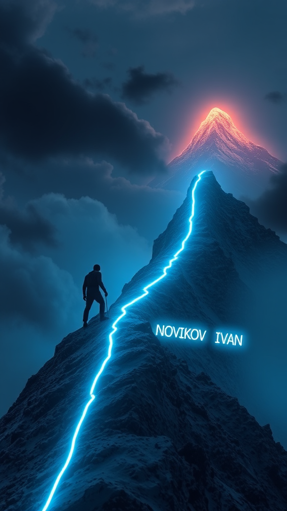 A determined figure climbing neon-lit mountain towards goal.