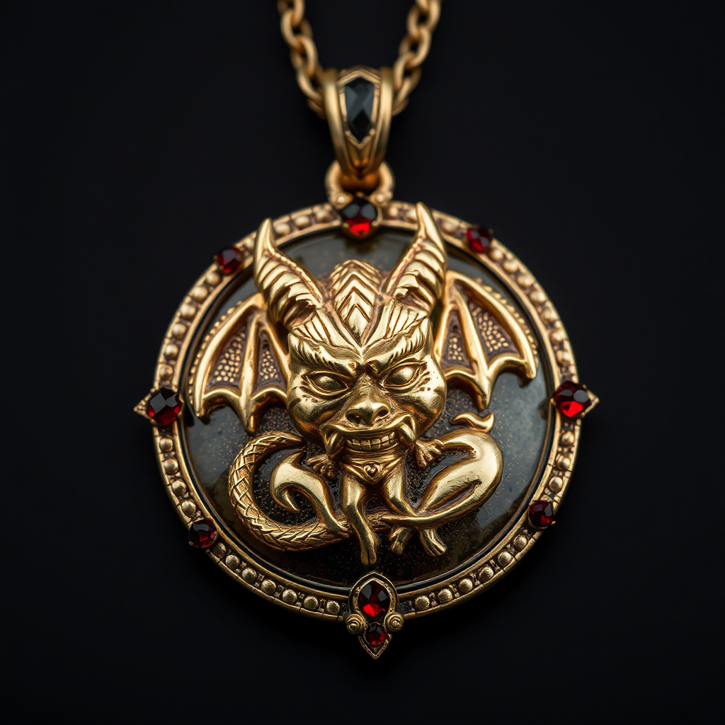 A devil depicted on jewelled amulet in photograph.