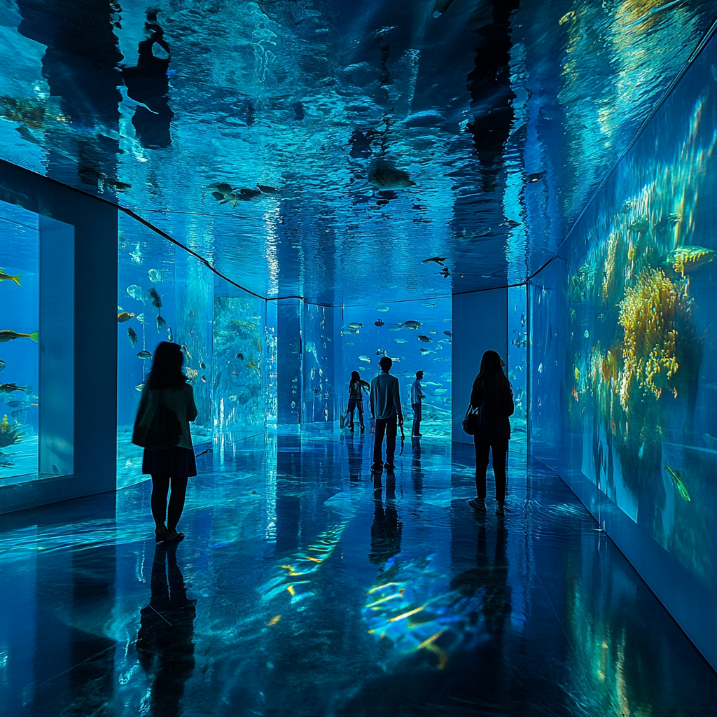 A dimly lit room with water reflections and fish.