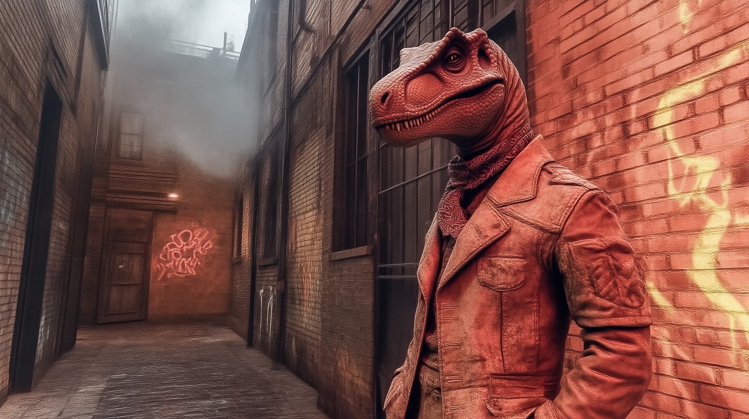 A dinosaur gang leader in an alley