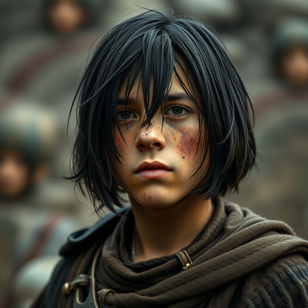 A dirty-faced medieval boy with black bob haircut