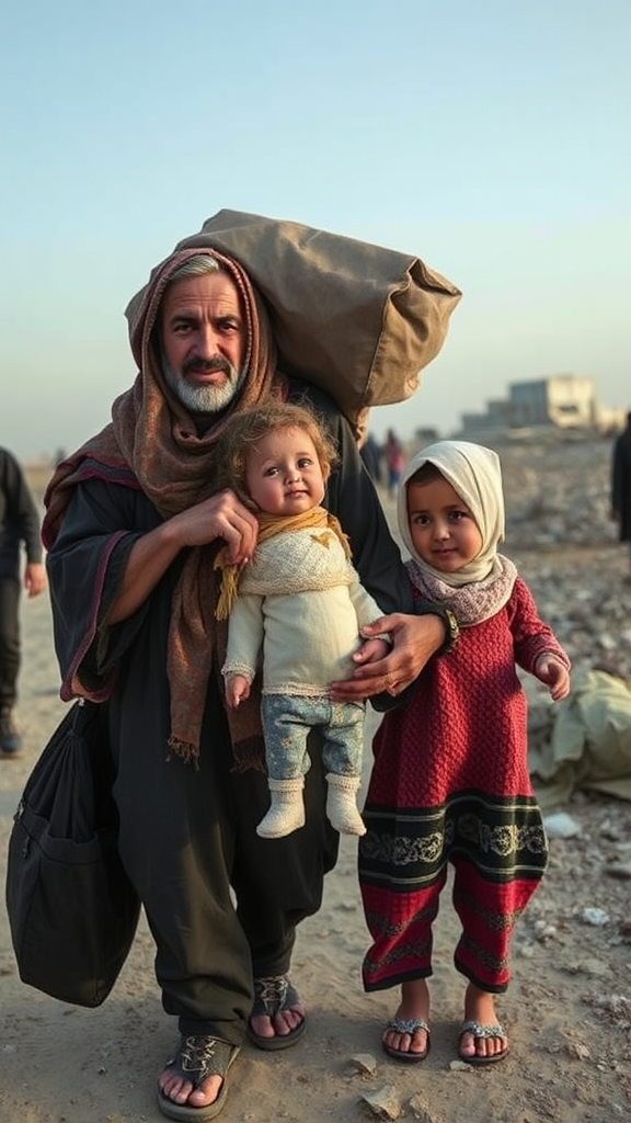 A displaced Gaza family with father, child, belongings.