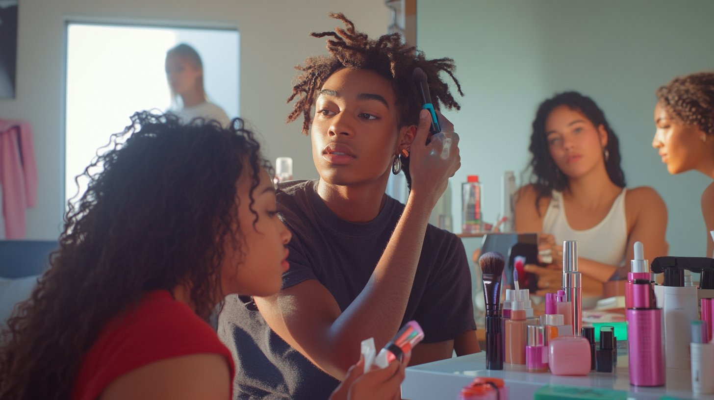 A diverse group of Gen Z doing beauty routines.