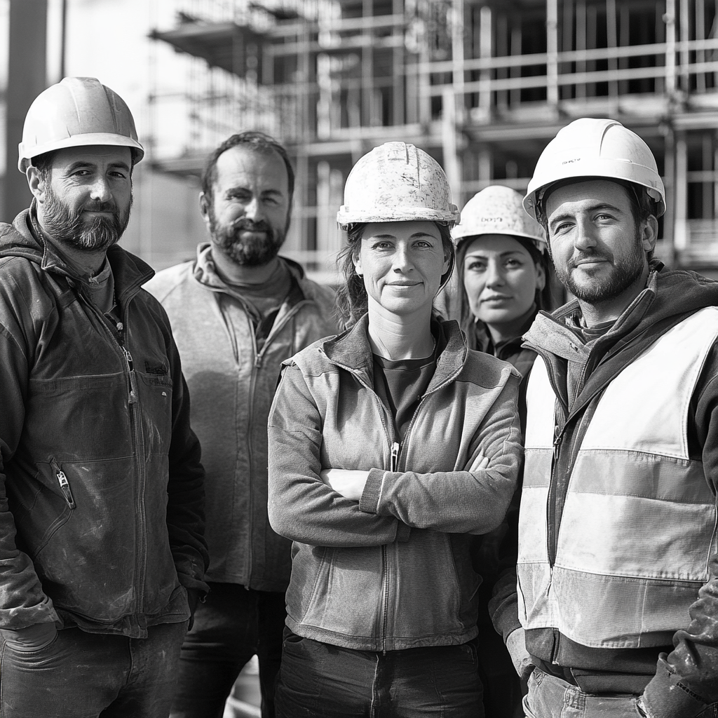 A diverse group of construction workers standing proudly together.