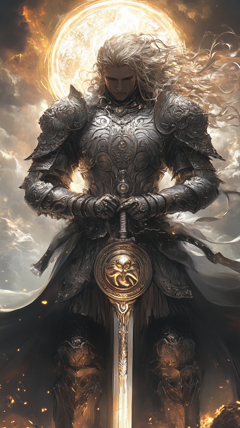 A divine warrior in ornate silver armor with sword.