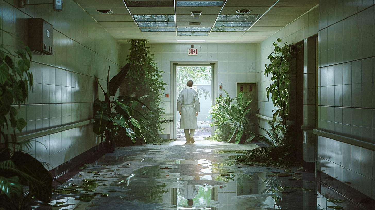 A doctor stepping through portal from old clinic