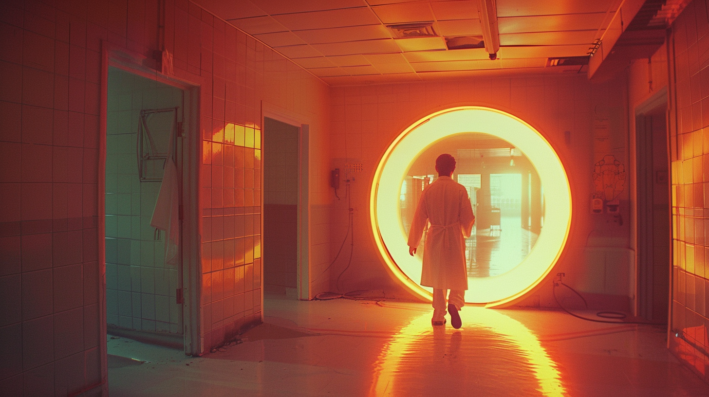 A doctor steps through portal from past to future