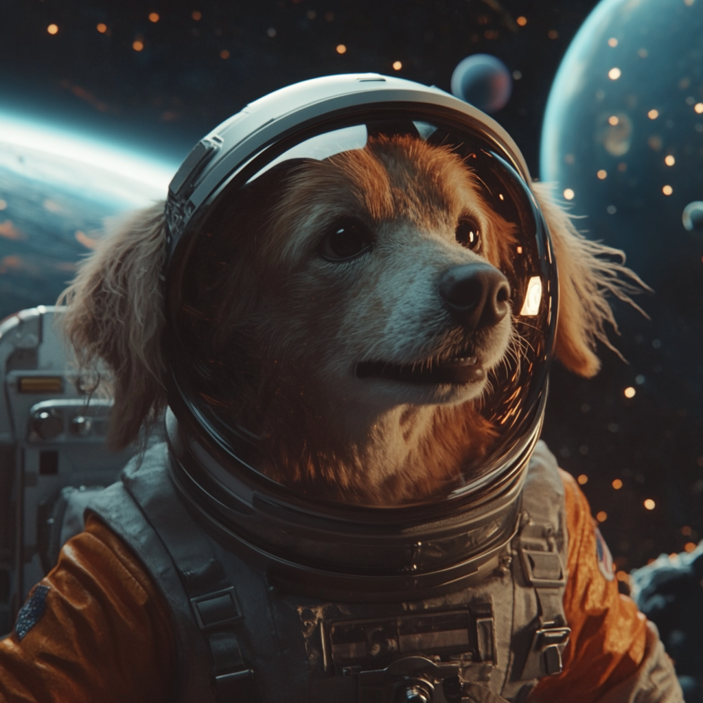 A dog astronaut in space helmet explores planets