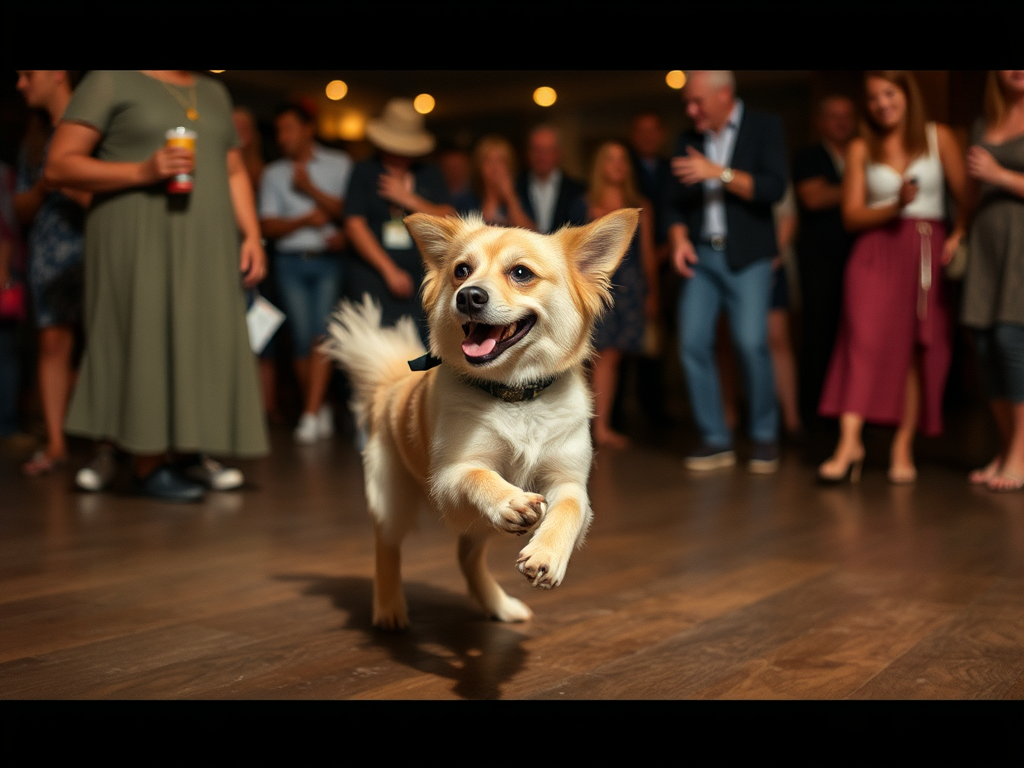 A dog dancing at a party happily.