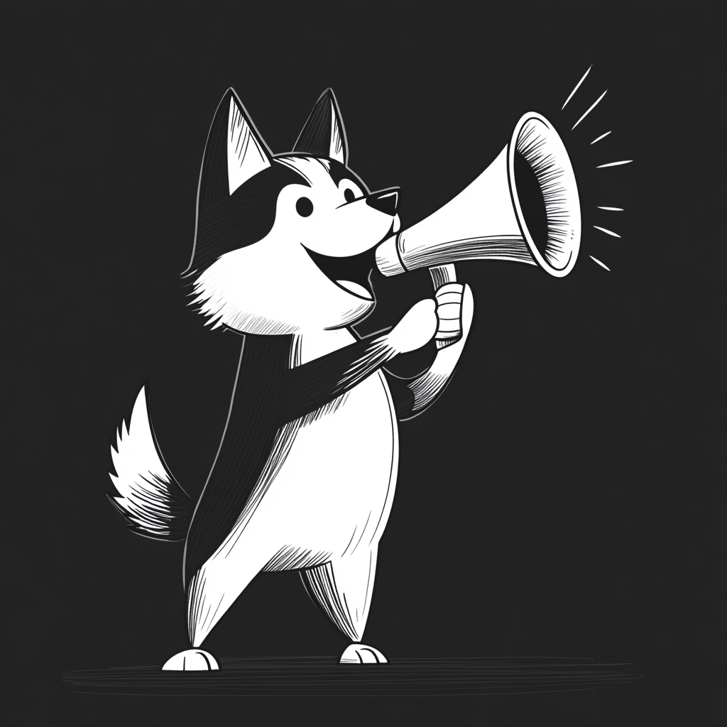 A dog giving motivational speech with megaphone