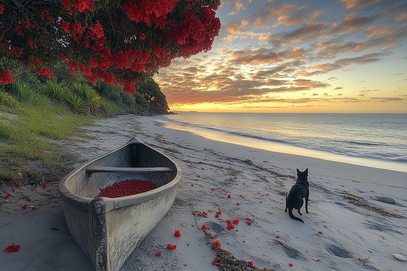 A dog on a beach at sunset