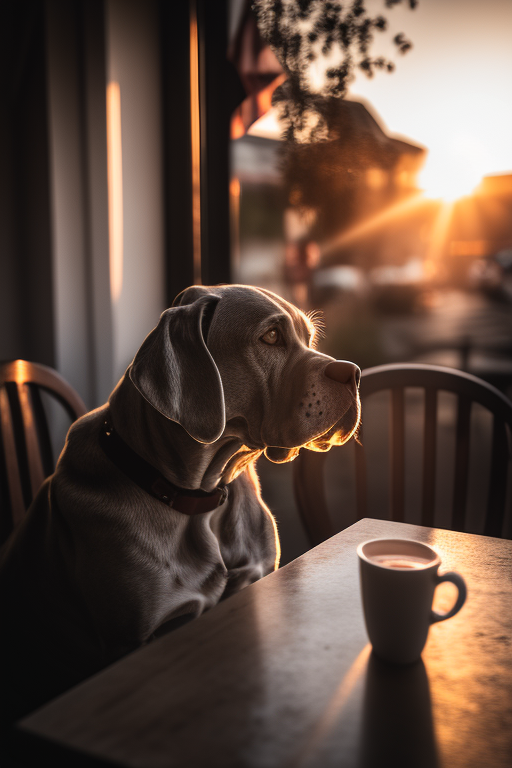 A dog sitting at a sunset table