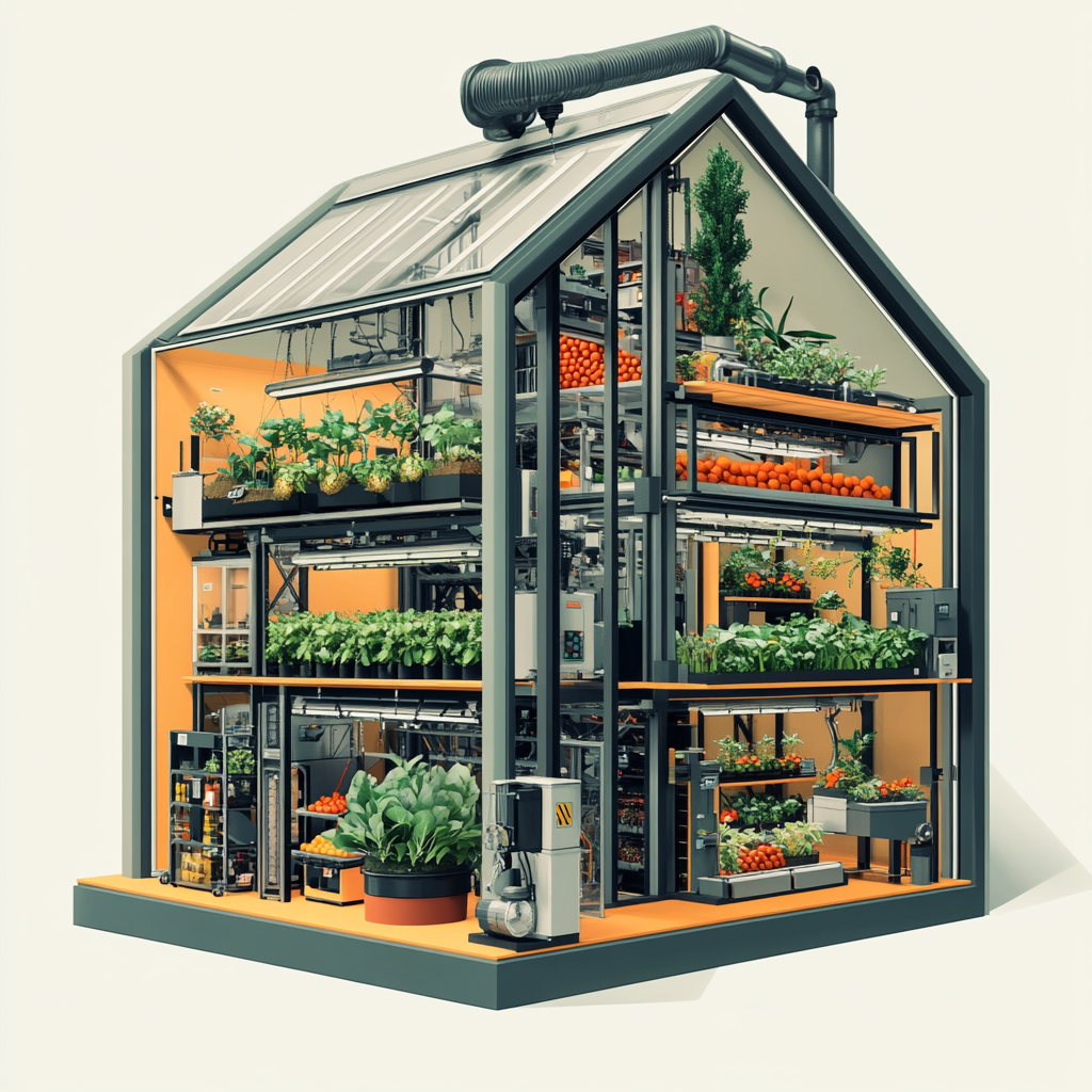 A dollhouse warehouse with vertical farming equipment