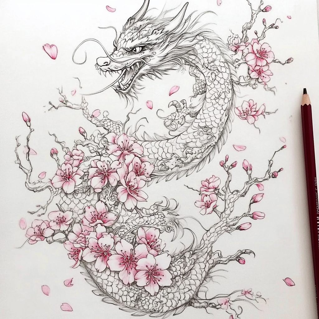 A dragon with sakura flowers on white background