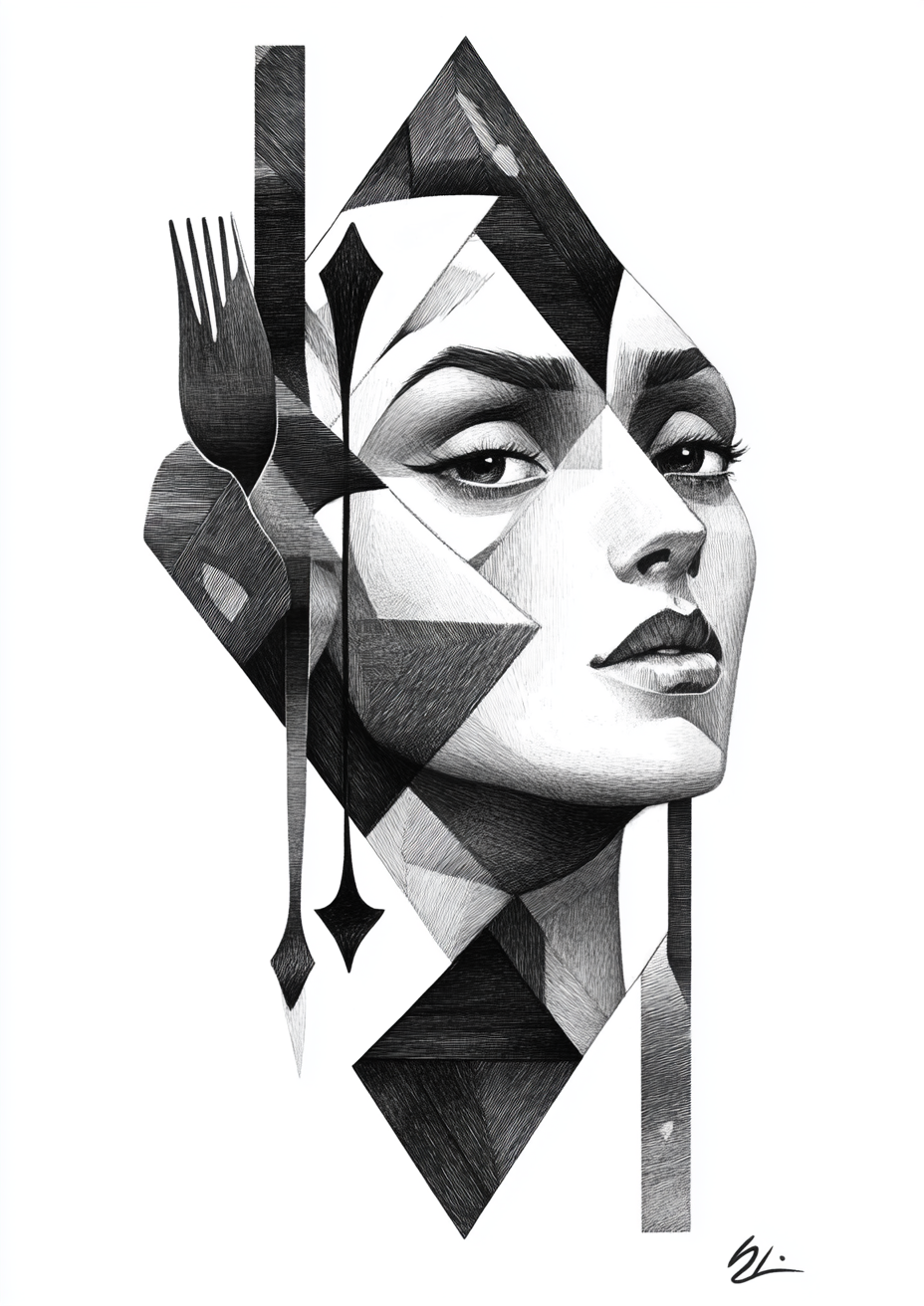 A drawing of a queen playing card with a fork.