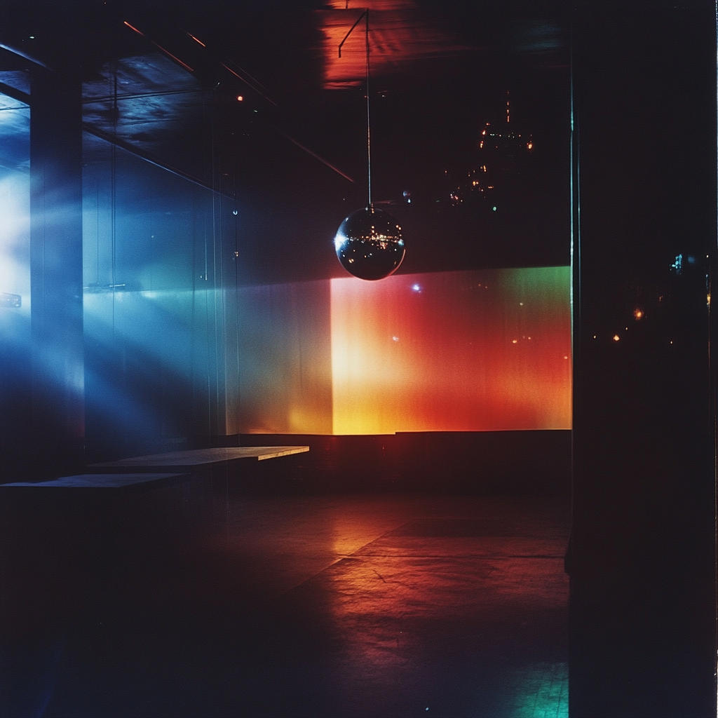 A dreamy, post-punk vibe with maximalist rainbow lighting.