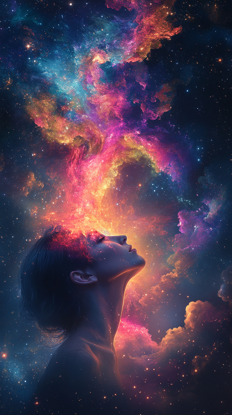 A dreamy image of person connecting with universe.