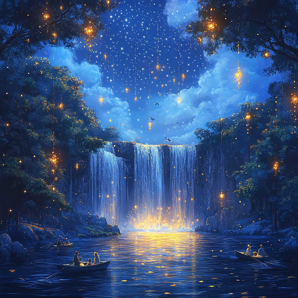 A dreamy waterfall scene with glowing trees and stars.