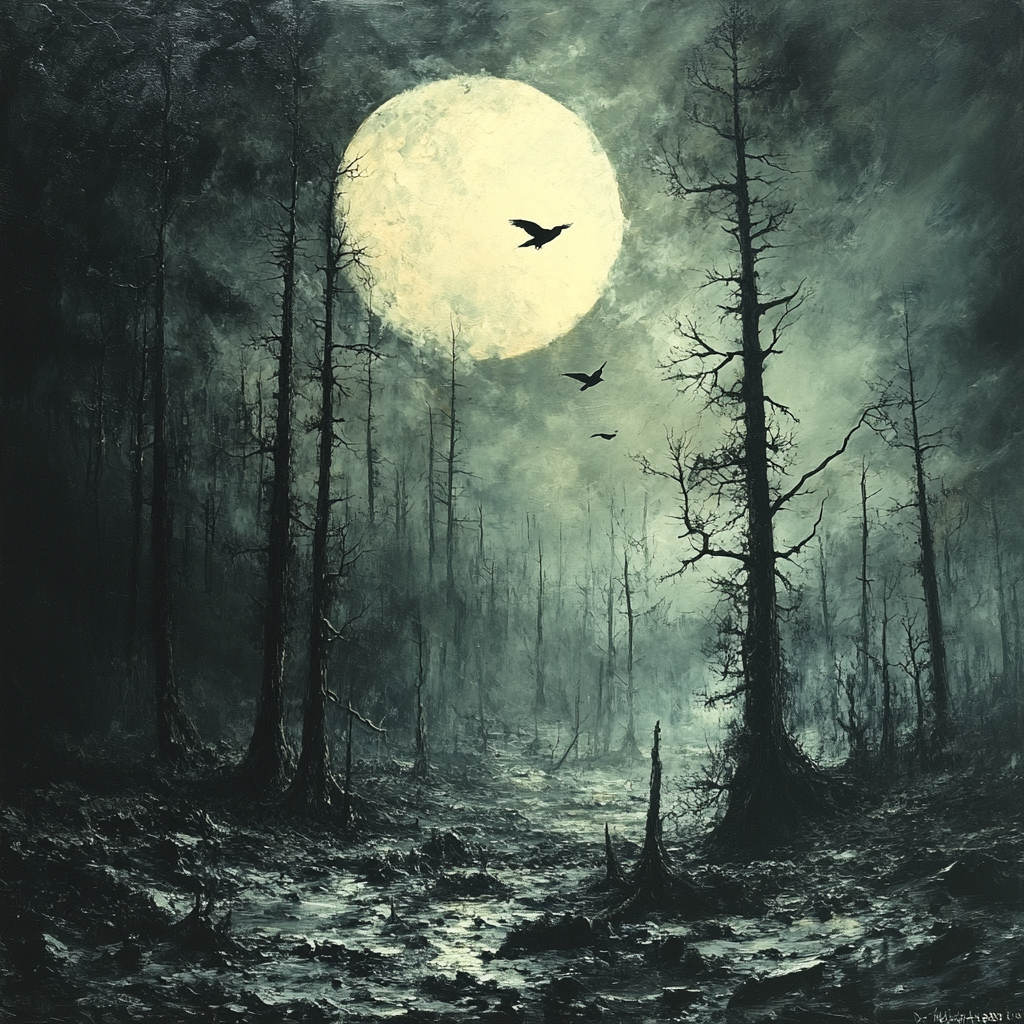 A dreary night with flying ravens and dead trees