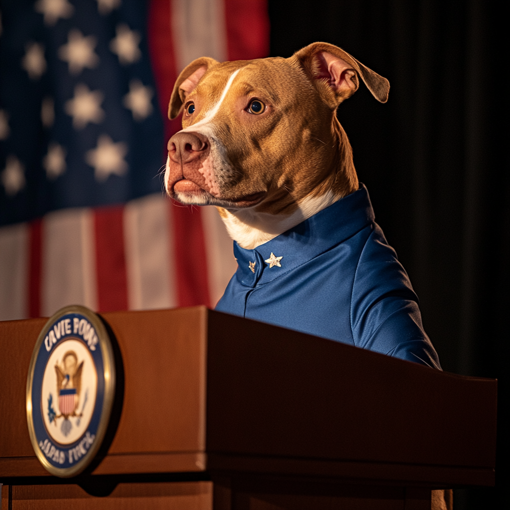 A dressed-up brown pitbull speaking at a podium.